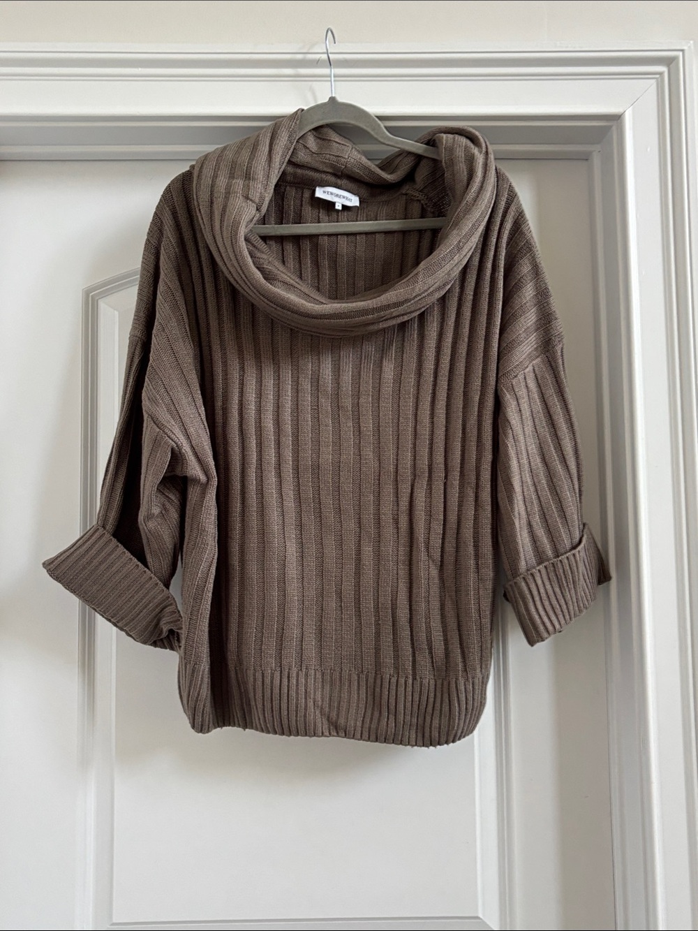 WeWoreWhat Ribbed Cowl Neck Sweater - Taupe Brown